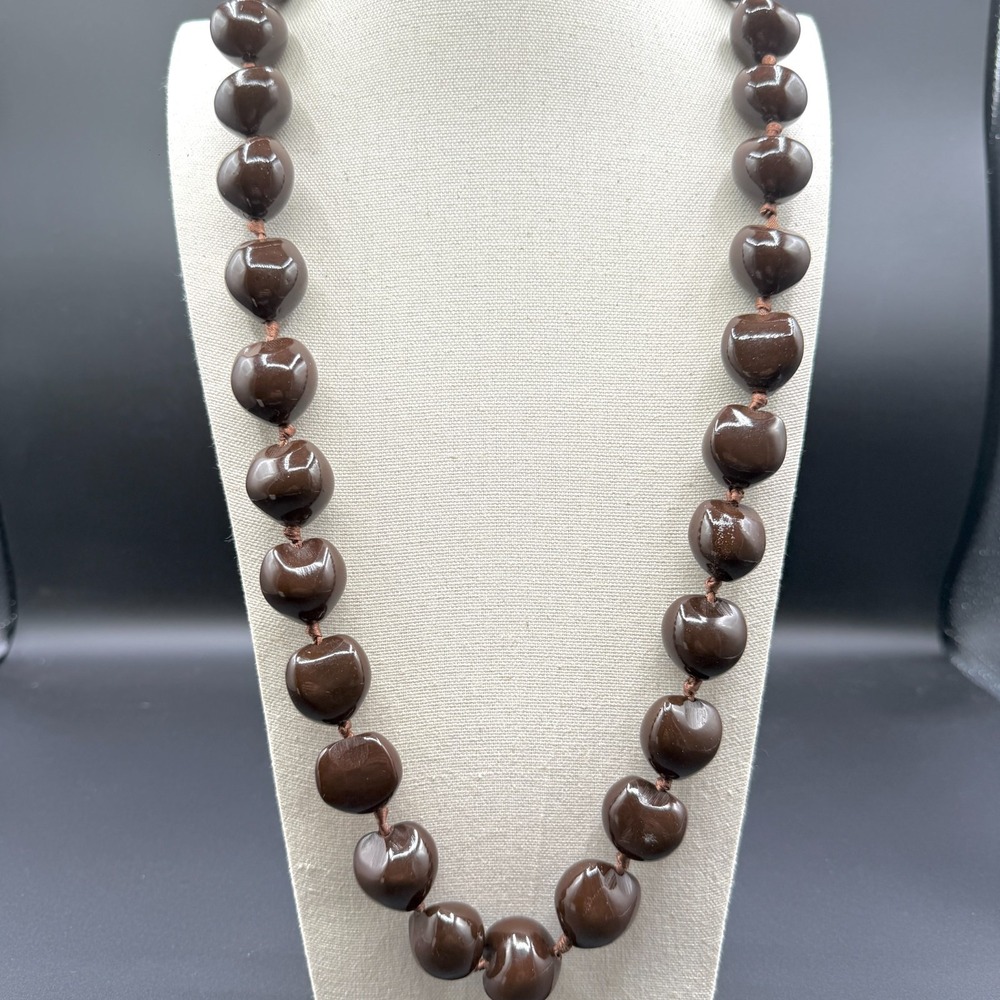 Brown Polished Nut Bead Necklace Long Knotted Strand Ribbon Tie Boho Statement